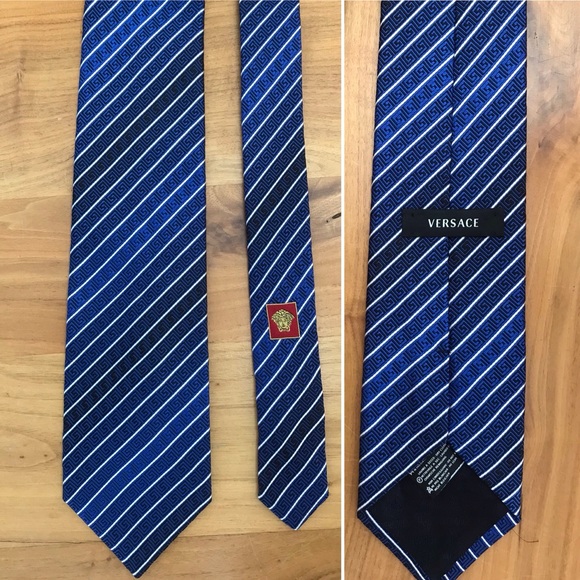 Sophisticated Versace Blue Black and White Striped Silk Neck Tie